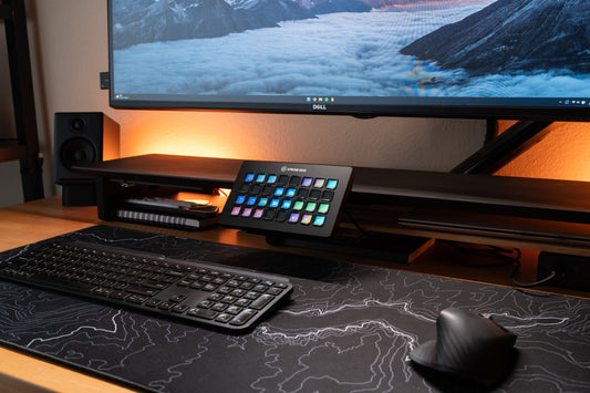 stream deck XL mounted to desk shelf using desk rail system