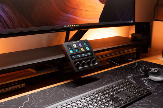 stream deck plus mounted to desk shelf with the desk rail, side view
