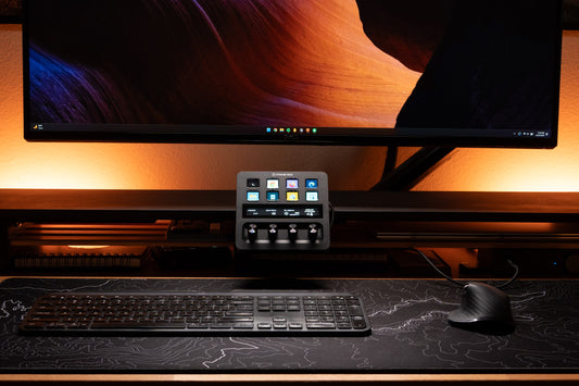 stream deck plus mounted to desk shelf using the deskrail system