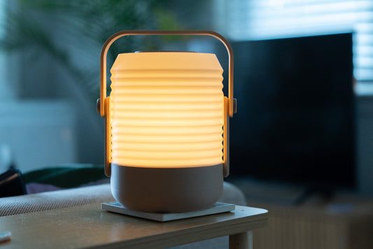 3d printed portable lantern sitting on side table