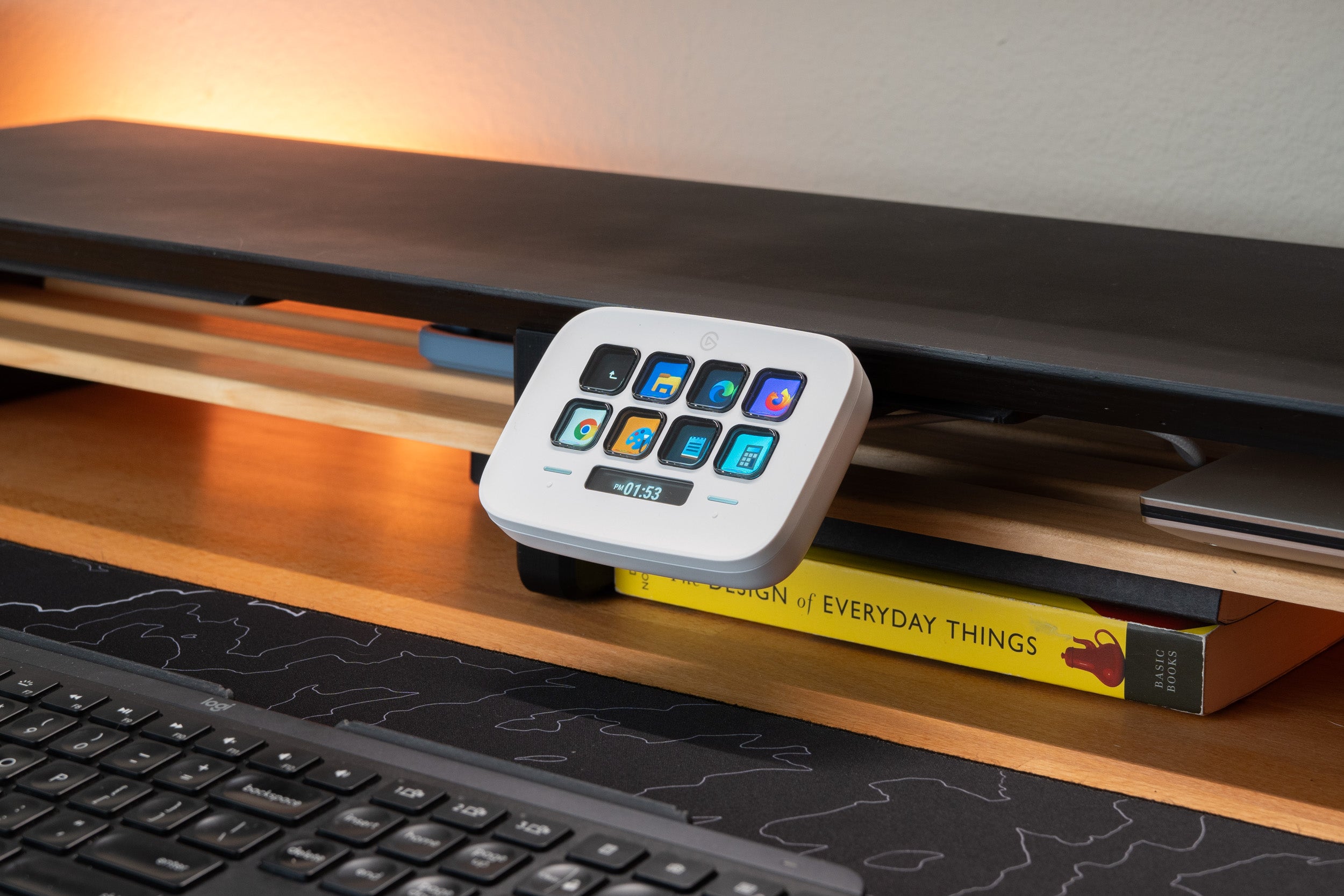 stream deck neo mounted to desk shelf using the deskrail system close up