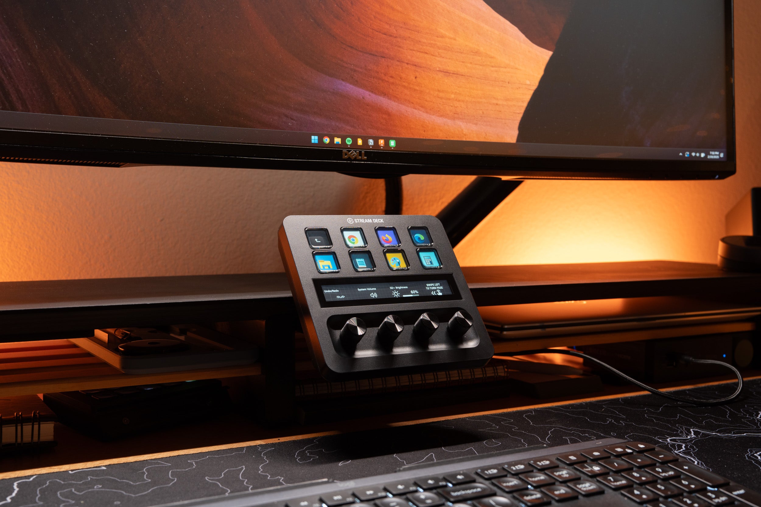 stream deck plus mounted to desk shelf with the desk rail, angle view